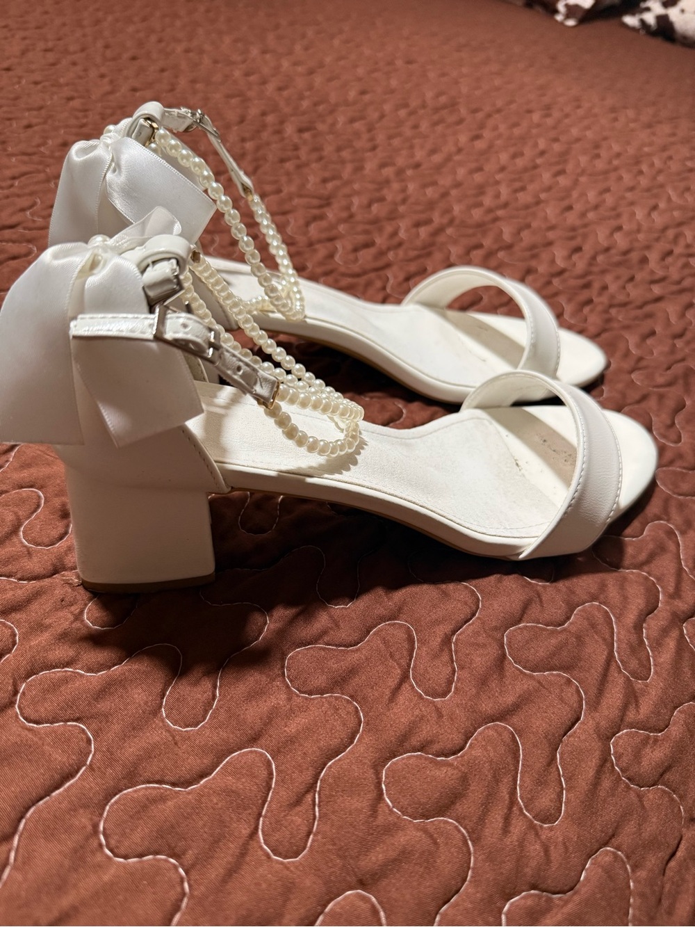 Elegant White Pearl-Accent Block Heel Sandals